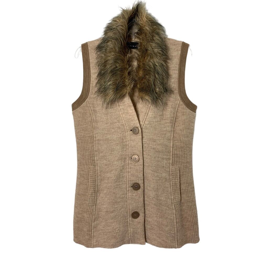 TRIBAL Sweater Vest Womens Medium Beige Wool Knit Removable‎ Faux Fur Collar